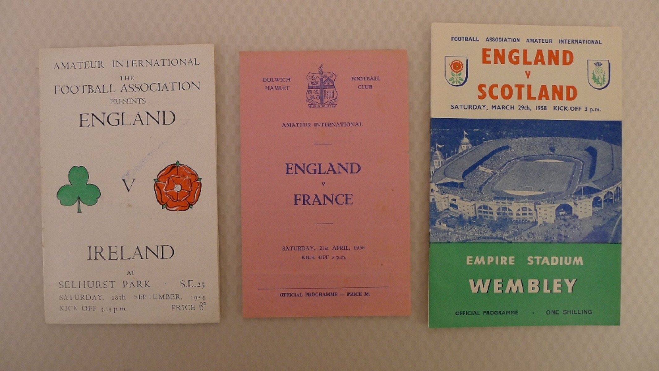 International Football Programmes. 3 x England Amateur 1950s International football programmes