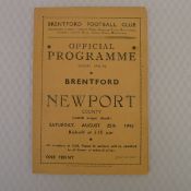 Vintage football programme. Brentford v Newport County August 25th, 1945, football programme in Good
