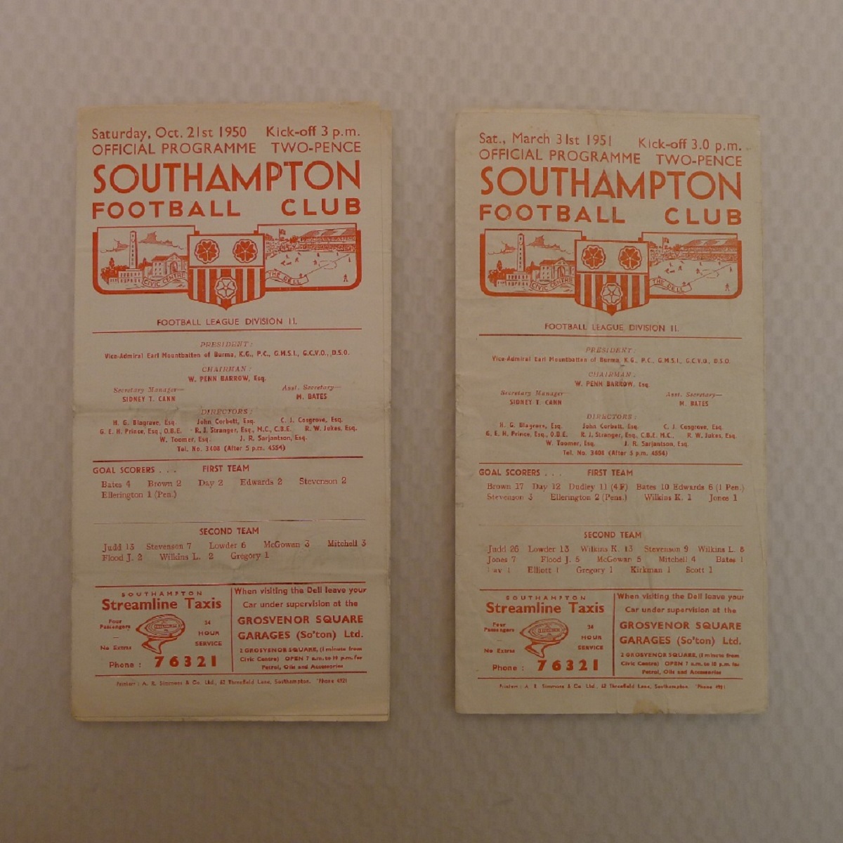 Vintage Football Programmes. 2 x Southampton 1950 / 51 Season football programmes comprising v Notts