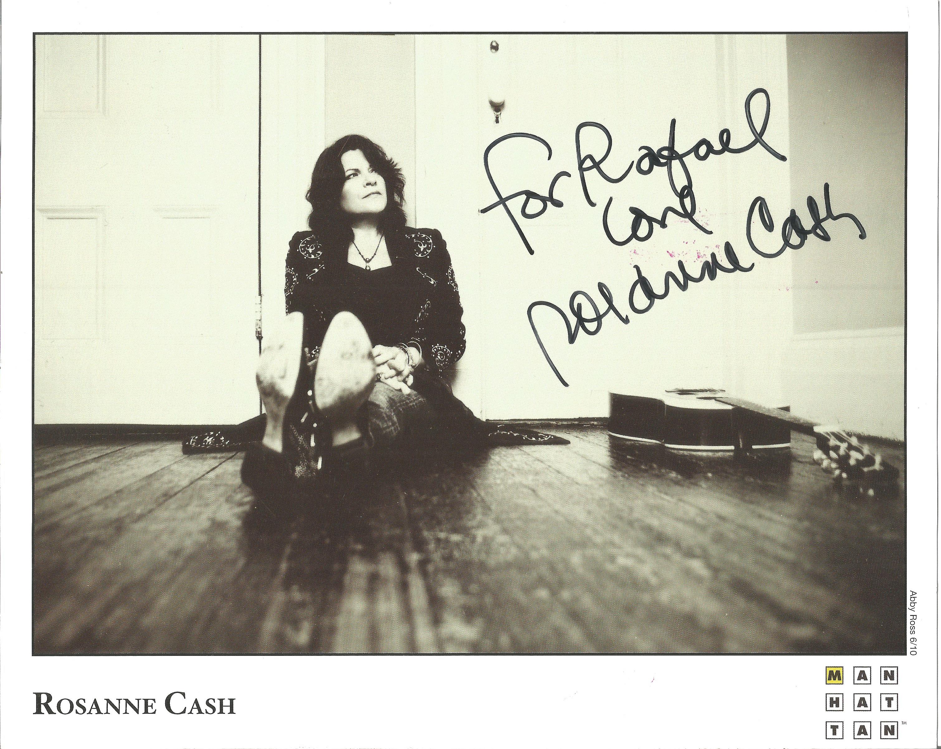 Rosanne Cash signed 10x8 black and white photo. Dedicated. Good condition. All autographs come