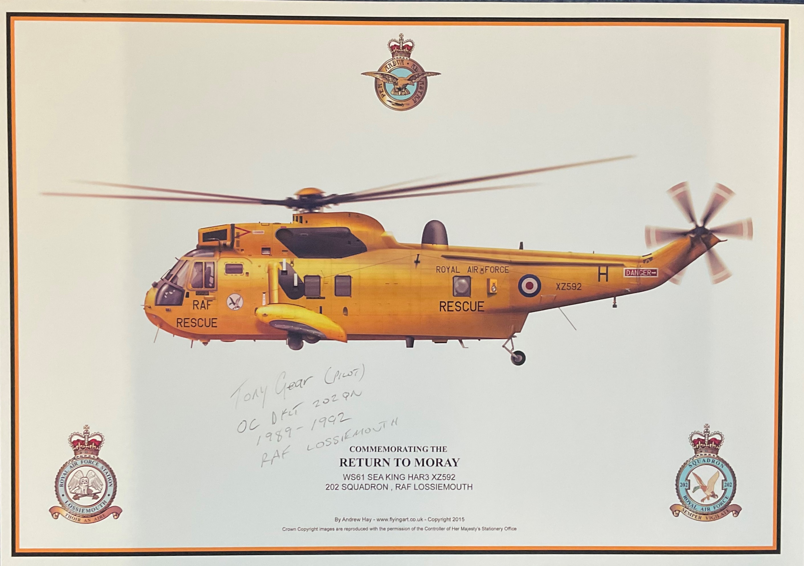 RAF print 17x11 Commemorating the Return to Moray WS61 Sea King HAR3 XZ592 202 Squadron RAF