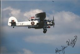 WW2 John Moffat, torpedoed the Bismarck signed 12 x 8 inch colour photo of a Swordfish in flight.