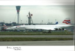 Concorde pilot Captain Brian Walpole signed 12 x 8 inch colour photo of Concorde on tarmac