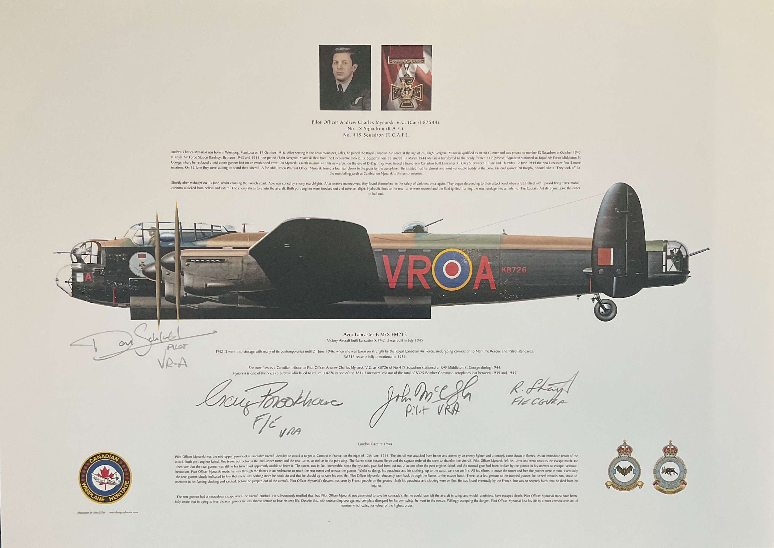 World War II 12X17 Andrew Charles Mynarski commemorative Lancaster B MLX FM213 print signed in