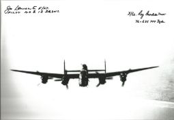 WW2 Bomber pilots Jo Lancaster 12 Sqn and Fl Lt Reg Barker 76 Sqn signed 12 x 8 inch b/w photo of