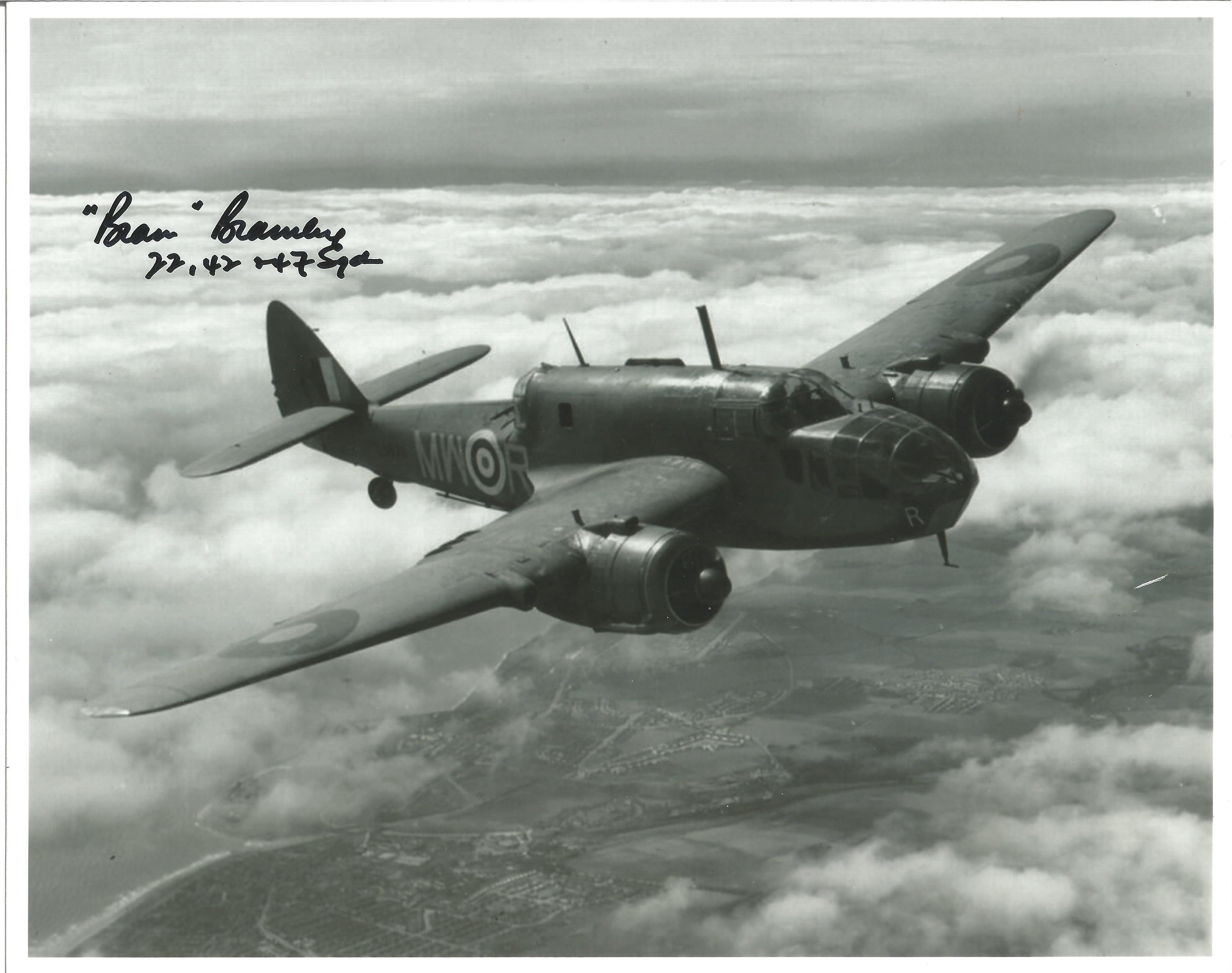 WW2 Flt Lt Brian Bramley 42 sqn SEAC signed 10 x 8 inch b/w photo of bomber in flight. Good