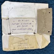 A Piece of metal from RAF Pilot 605 squadron Jack Fleming's Hurricane L2061 on 8/9/1940. 6cmx3. 5 in