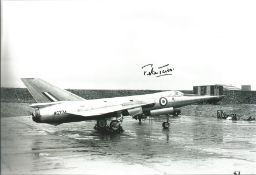 WW2 fighter ace Peter Twiss signed 12 x 8 inch colour photo of a Delta jet on runway. Good