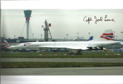 Concorde pilot Captain Jock Lowe signed 12 x 8 inch colour photo of Concorde on tarmac parked.. Good