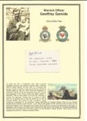 Warrant Officer Geoffrey Garside signature piece. WW2 RAF Battle of Britain pilot. Set into superb