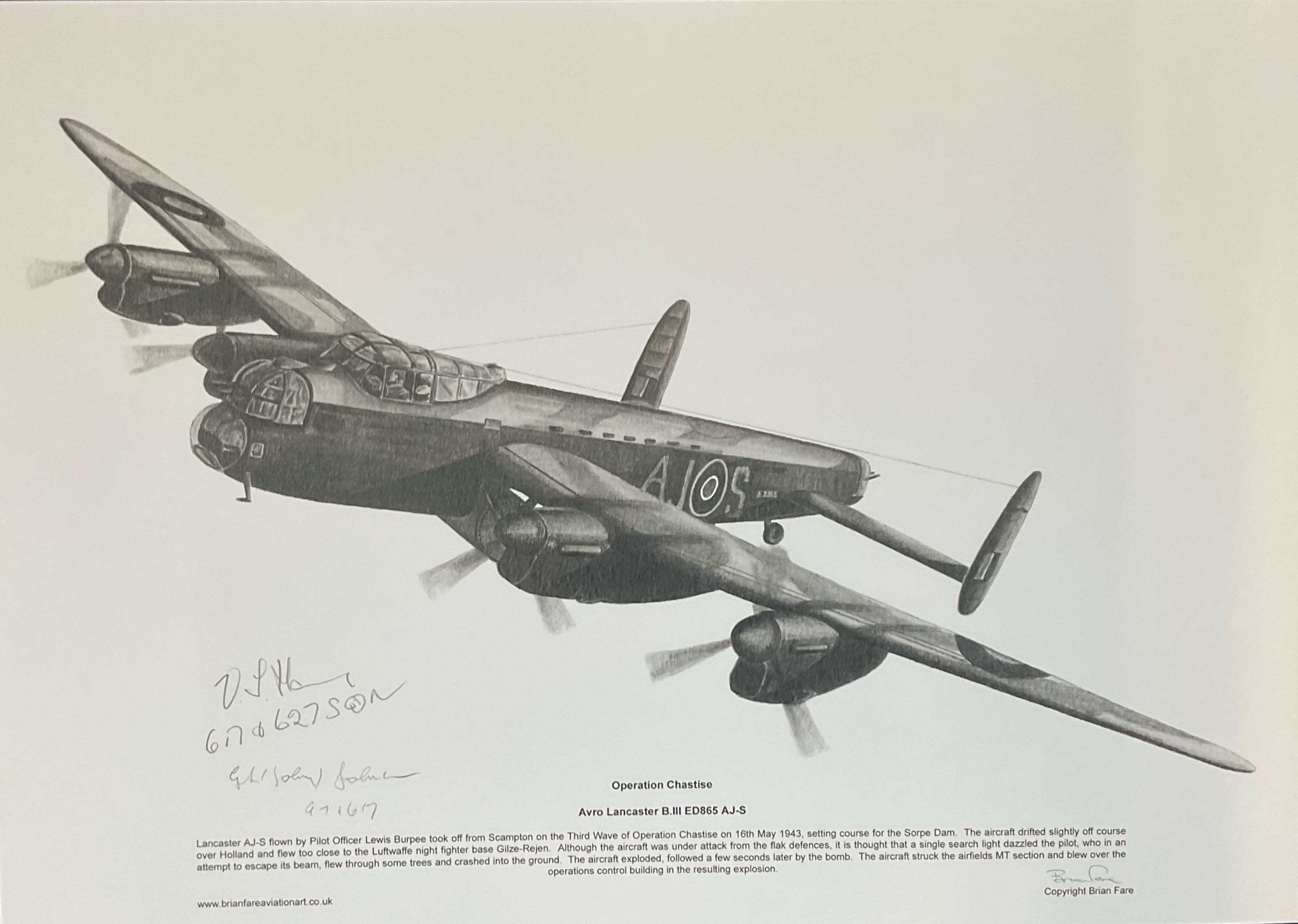 Dambusters World War II 12x17 print Operation Chastise Avro Lancaster B. III ED865 AJ-S signed in