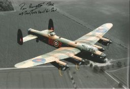 WW2 Bomber pilot Flt Eng Ron Houghton 49 Sqn signed 12 x 8 inch colour photo of a Lancaster in