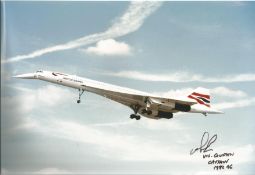 Concorde pilot Captain Viv Gunton signed 12 x 8 inch colour photo of Concorde in flight with nose