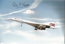 Concorde pilot Captain Peter Baker signed 12 x 8 inch colour photo of Concorde in flight with nose