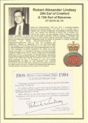 Robert Alexander Lindsay, 29th Earl of Crawford & 12th Earl of Balcarres KT GCVO DL PC signed