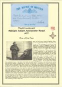 WW2 BOB pilot. Flight Lieutenant William Albert Alexander Read AFC. Signed 5 x 3 inch blue card with