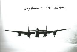 WW2 Bomber pilot Flt Eng Doug Packman 630 Sqn signed 12 x 8 inch b/w photo of a Lancaster in flight.