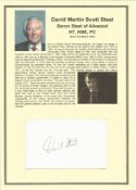 Liberal Politician David Martin Scott Steel, Baron Steel of Aikwood, KT KBE PC signed white card.