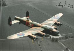WW2 Bomber pilot Tony Iveson 617 Sqn signed 12 x 8 inch colour photo of a Lancaster in flight over