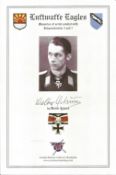 Luftwaffe ace Walter Schuck signed colour bookplate. Good condition. All autographs come with a
