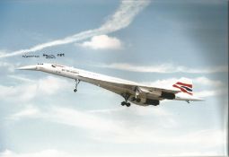 Concorde Norman Harry snoop nose designer signed 12 x 8 inch colour photo of Concorde in flight with