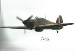 WW2 fighter ace Peter Twiss signed 12 x 8 inch colour photo of a Spitfire in flight. Good condition.