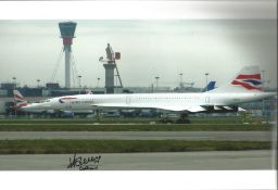 Concorde pilot Captain David Leney signed 12 x 8 inch colour photo of Concorde on tarmac parked..