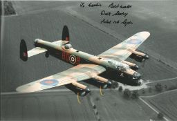 WW2 Bomber pilot Flt Lt Dick Starkey 106 Sqn signed 12 x 8 inch colour photo of a Lancaster in
