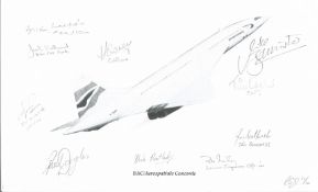 Ten Concorde pilots signed 10 x 8 inch b/w limited edition Concorde print. Includes Brian Walpole,