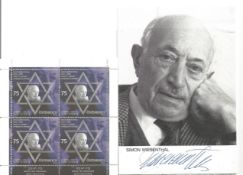 Simon Wiesenthal signed 7x5 black and white photo and stamp sheet. Good Condition. All autographs