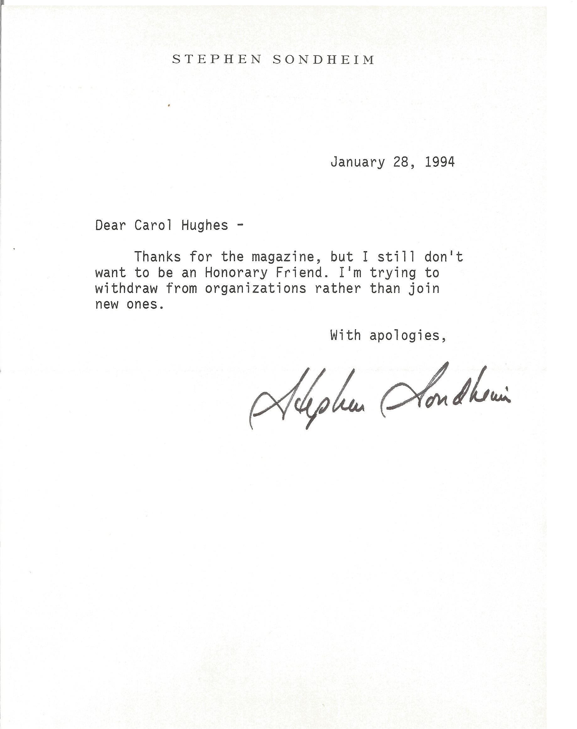 Music Stephen Sondheim TLS Typed signed letter 1994. To Carol regarding a copy of the Magazine she