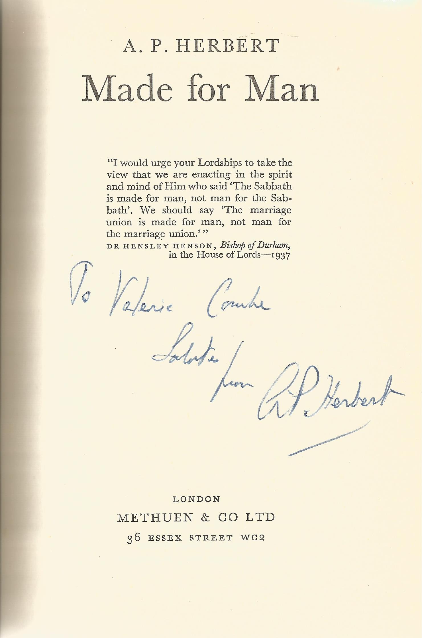 A. P. Herbert Hardback Book Made for Man signed by the Author on the Title Page First Edition - Image 2 of 2