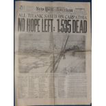 Titanic April 17th, 1912, New York American Newspaper with Headline All Titanic Saved on