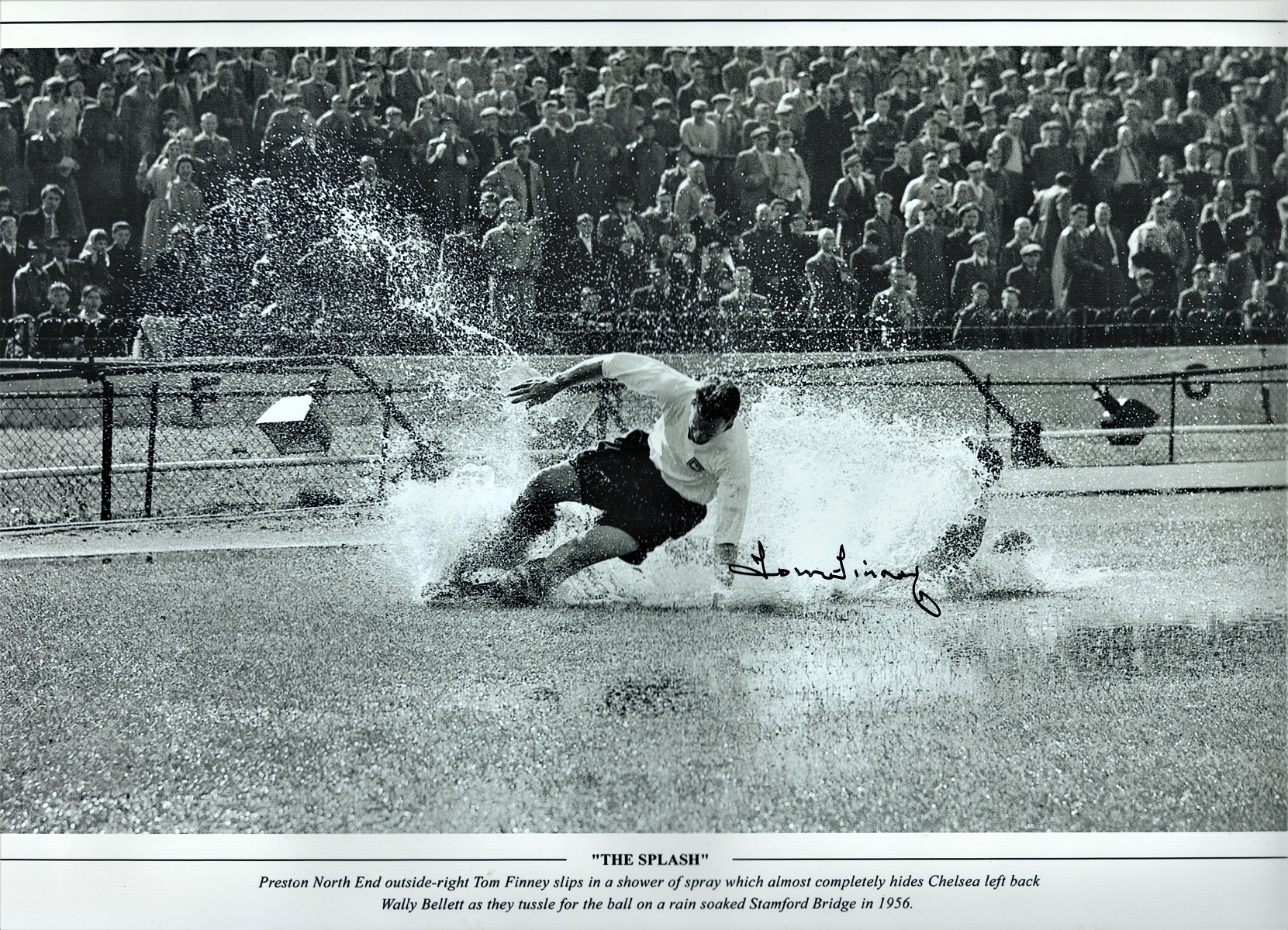 Football, Tom Finney signed 12x18 black and white photograph picturing the iconic Splash Down as