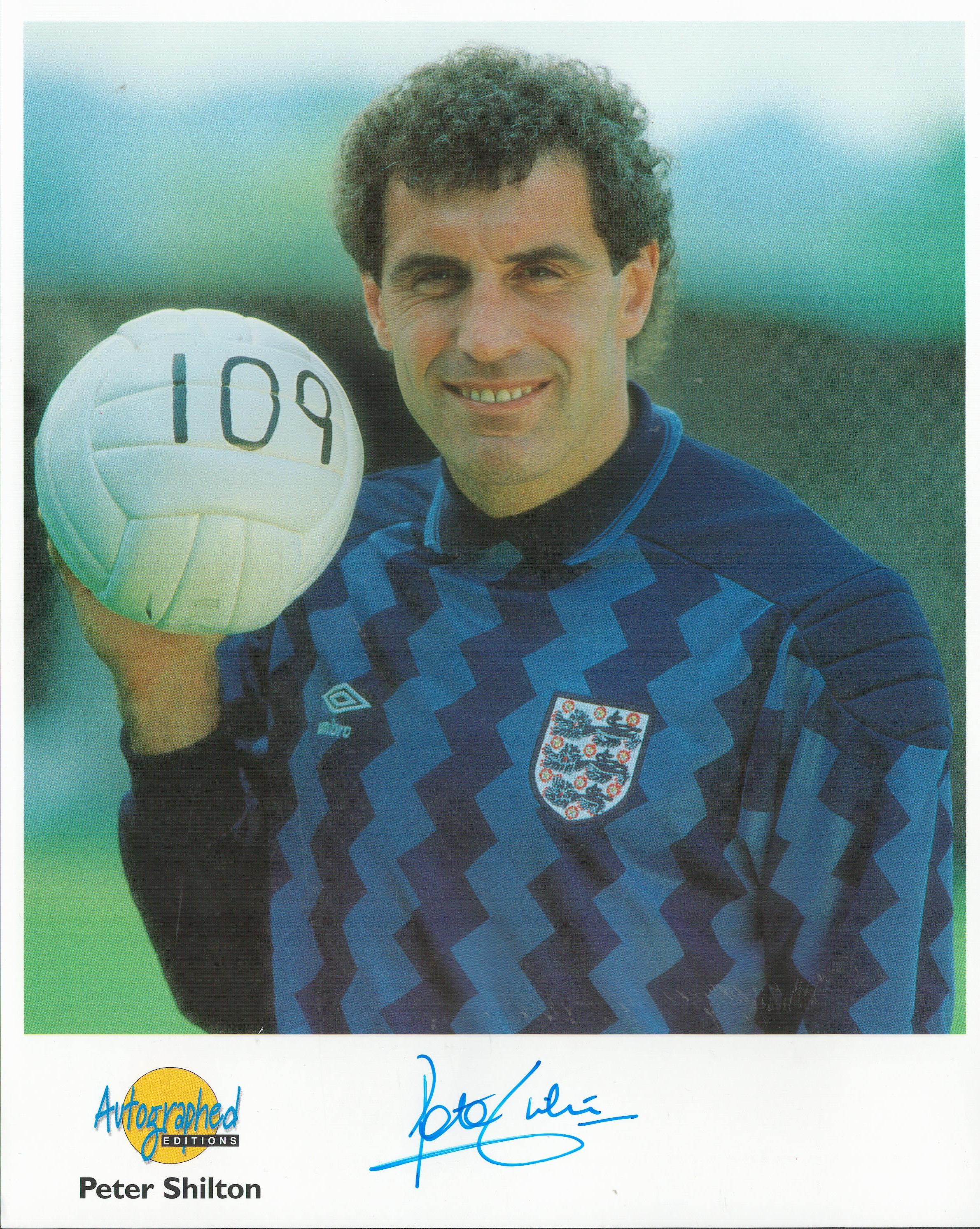 Football. Peter Shilton Signed 10x8 Autographed Editions page. Bio description on the rear. Photo