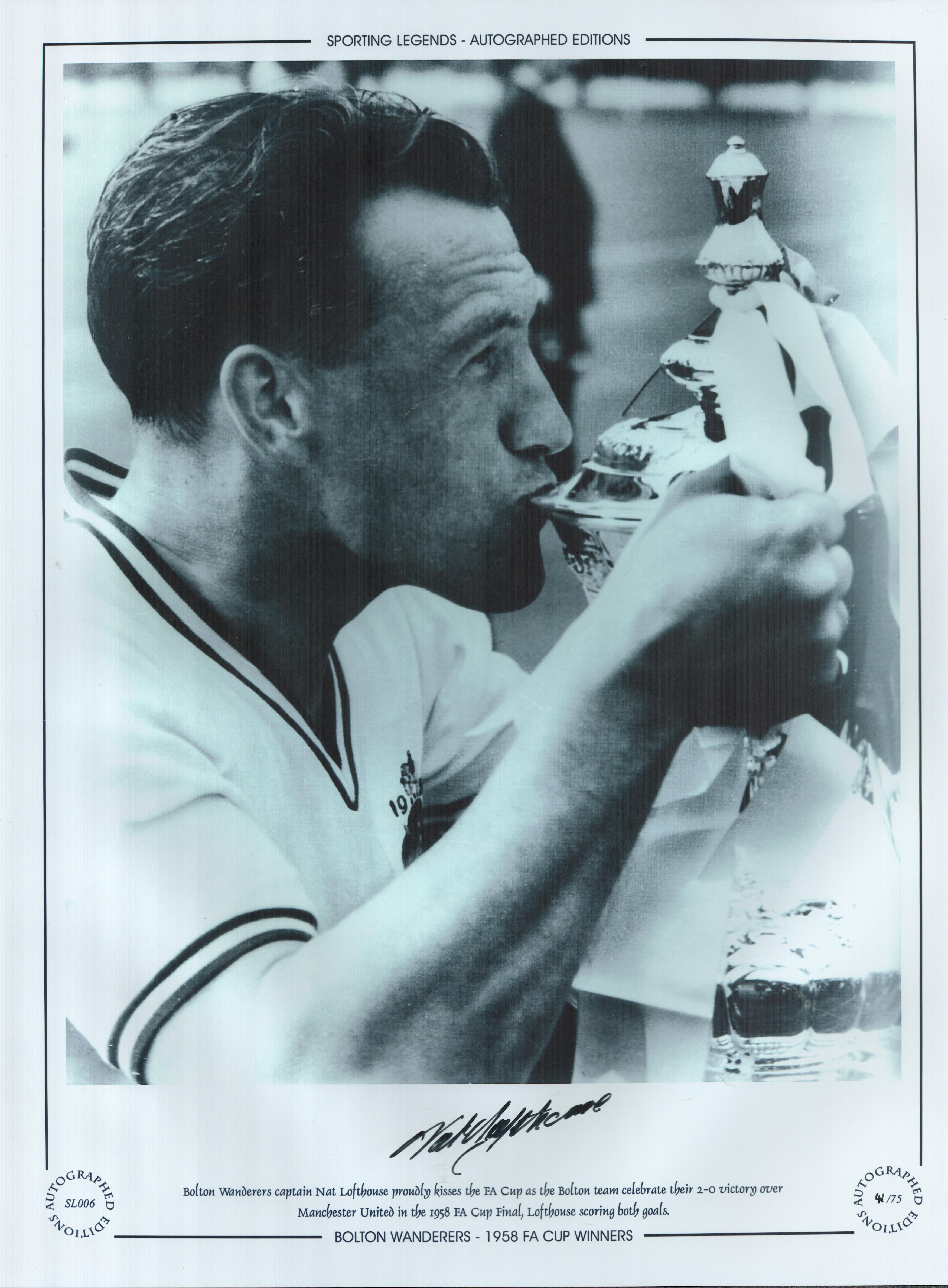 Football. Nat Lofthouse Signed 16x12 black and white photo. Autographed Editions, Limited