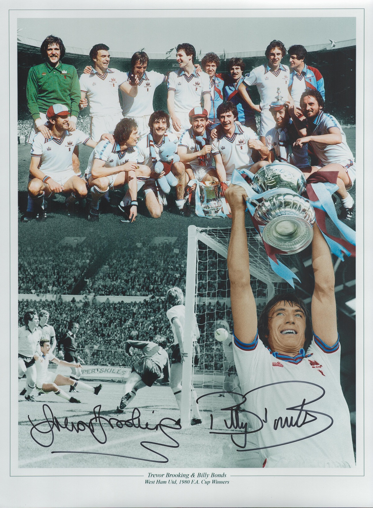 Trevor Brooking and Billy Bonds signed 16x12 West Ham United 1980 F. A Cup Winners colour montage