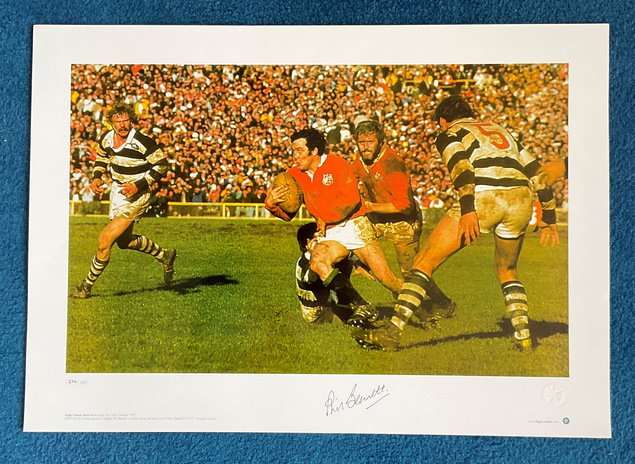 Phil Bennett signed 22x16 Rugby Great Series Big Blue Tube print British Lion Tour 1977. The Wales