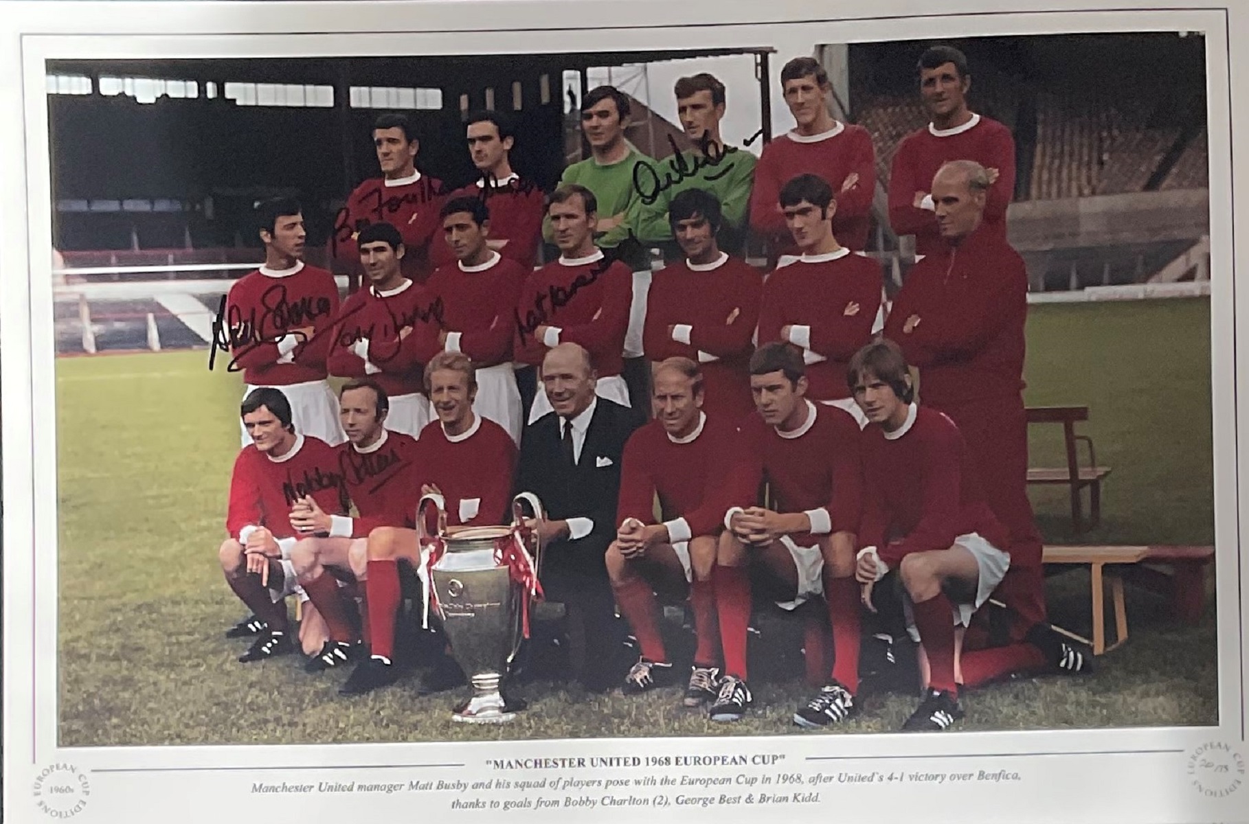 Manchester United 1968 European Cup 16x12 multi signed colour print signatures included are Bill