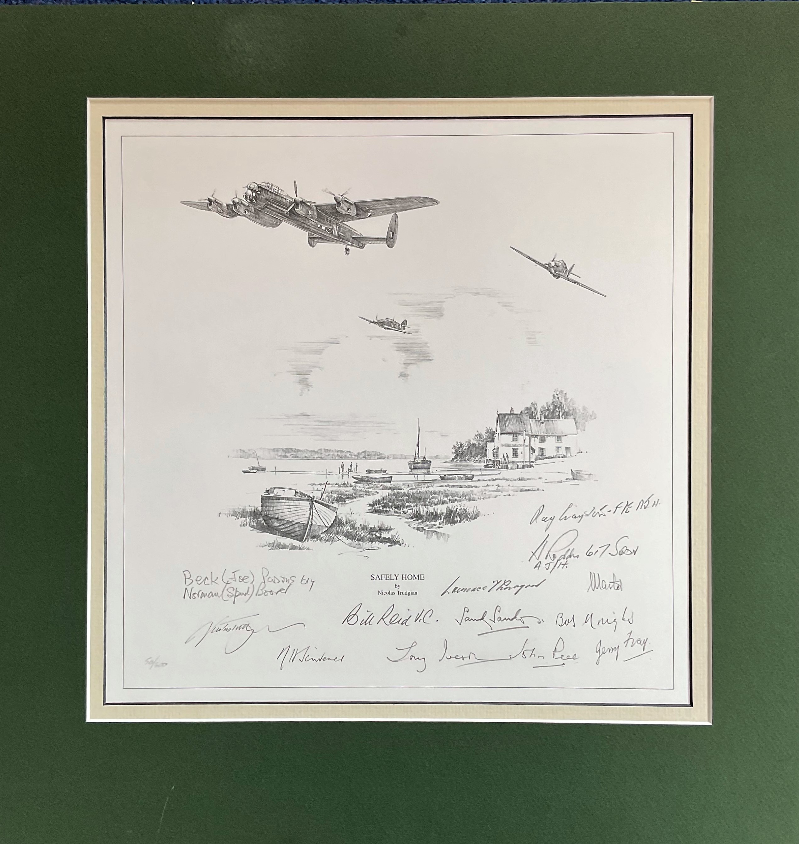 World War II Multi-signed print. 20x19 in size, matted. print titled Safely Home limited edition