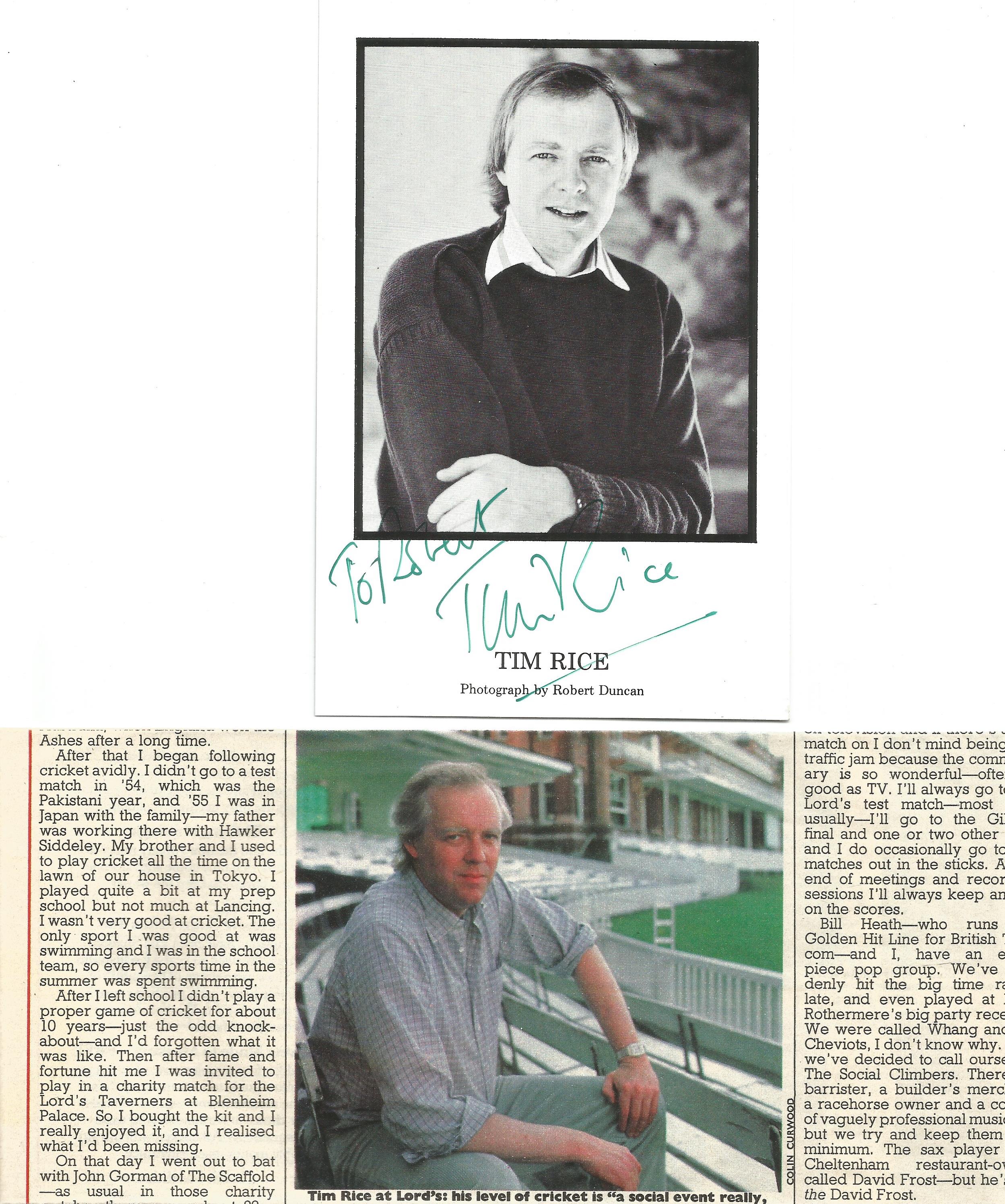 Tim Rice signed 4 x 6 black & white photo card dedicated. Includes colour magazine article about his