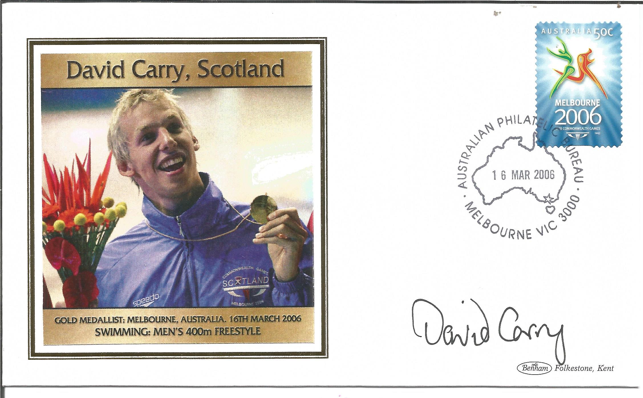 Olympic medal winner David Carry signed Benham Melbourne Olympics silk FDC to commemorate the