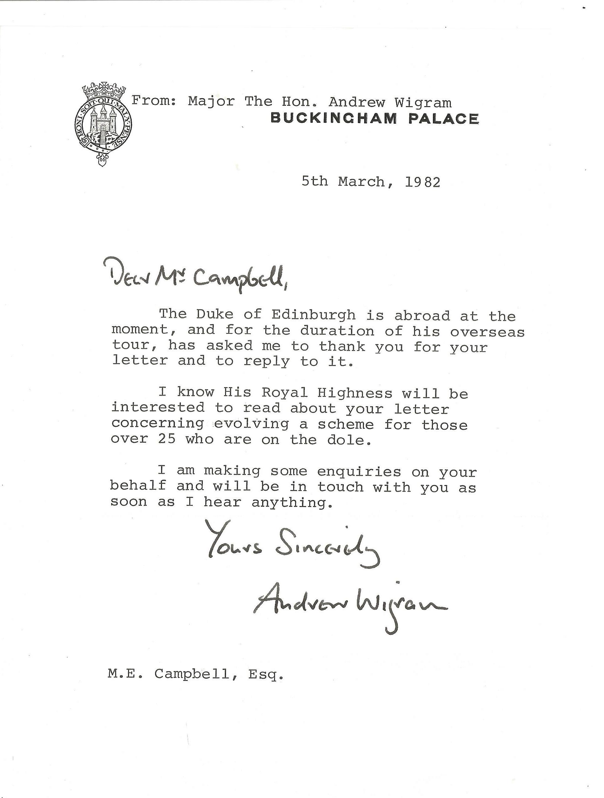 Major The Honourable Andrew Wigram, former equerry to Prince Philip, TLS dated 5th March 1982 on