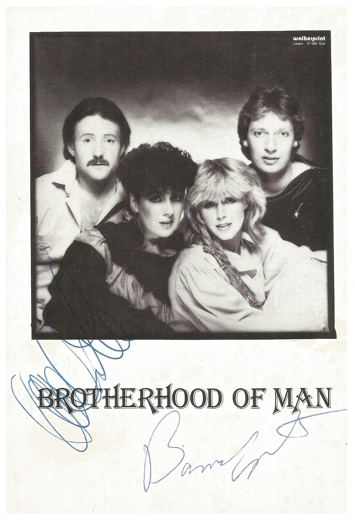 Brotherhood of Man 4 x 6 signed black & white promotional card. Two signatures, Good condition.