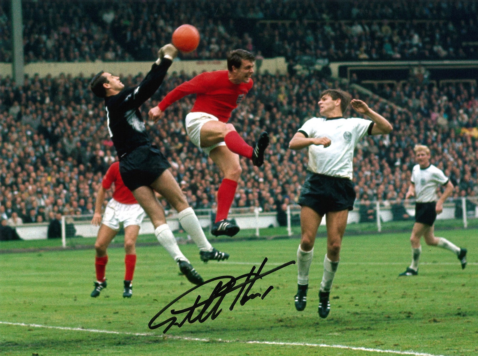 Football, Sir Geoff Hurst signed 16x12 colour photograph pictured during his famed hat trick game