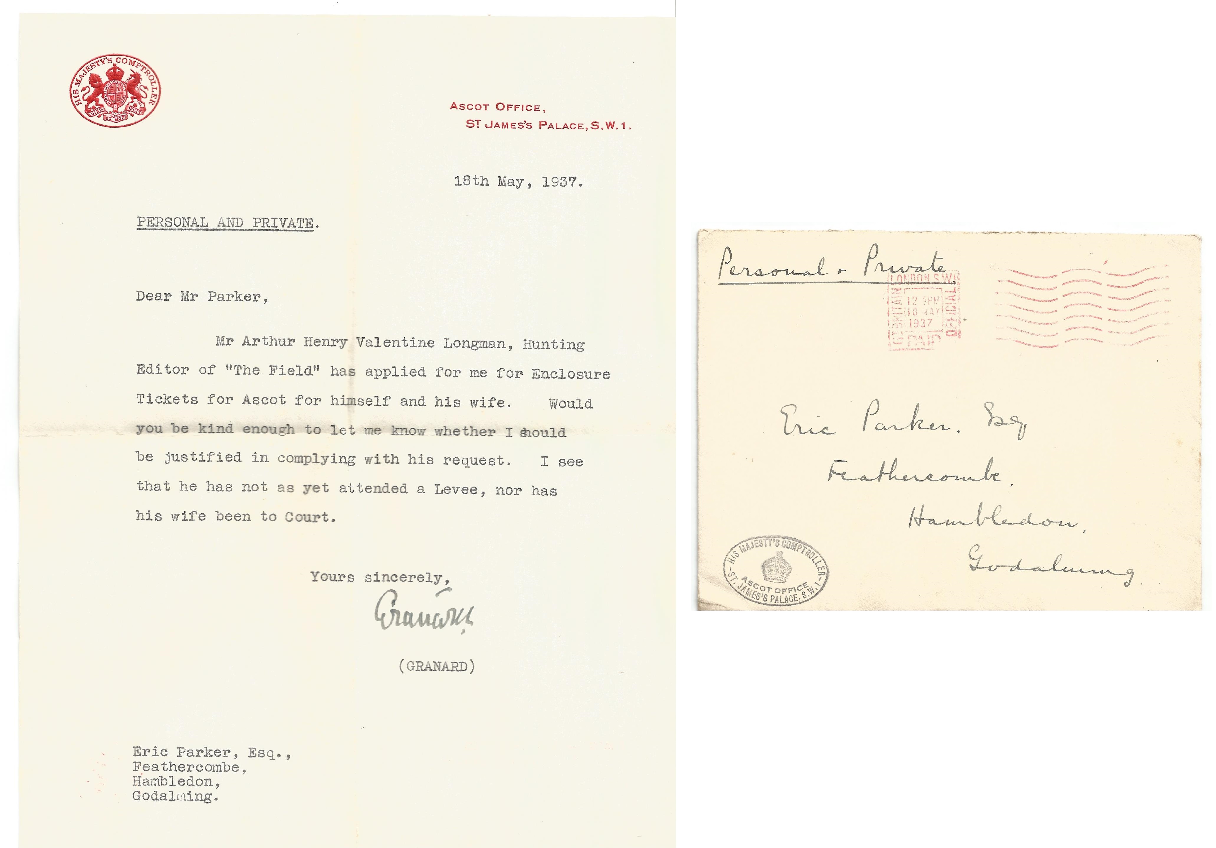 Granard signed TLS on Ascot Office, St James's Palace headed paper dated 18th May 1937. Matter