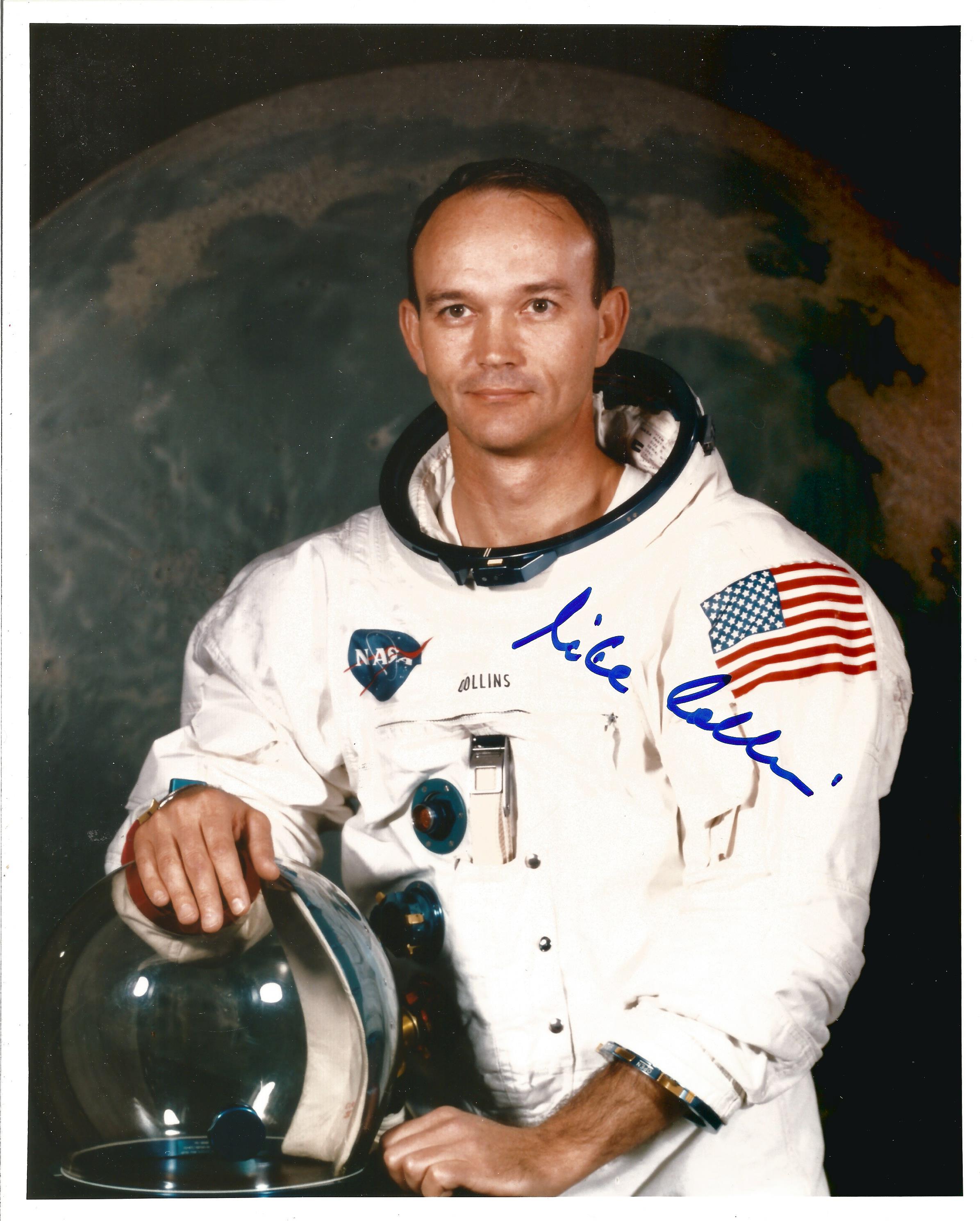 Apollo 11 Astronaut Michael Collins signed rare 10 x 8 inch colour White space suit photo . Good