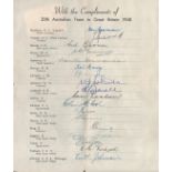 Cricket Australia 1948 Ashes touring party multi signed team sheet includes 18 Aussie legends such