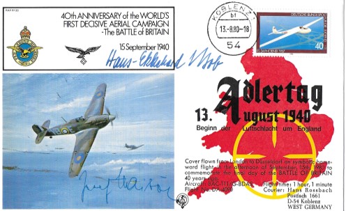 WW2 Luftwaffe aces signed Adler Tag Cover Major Hans Ekkehard Bob. Hauptmann Josef Haibock KC. Major