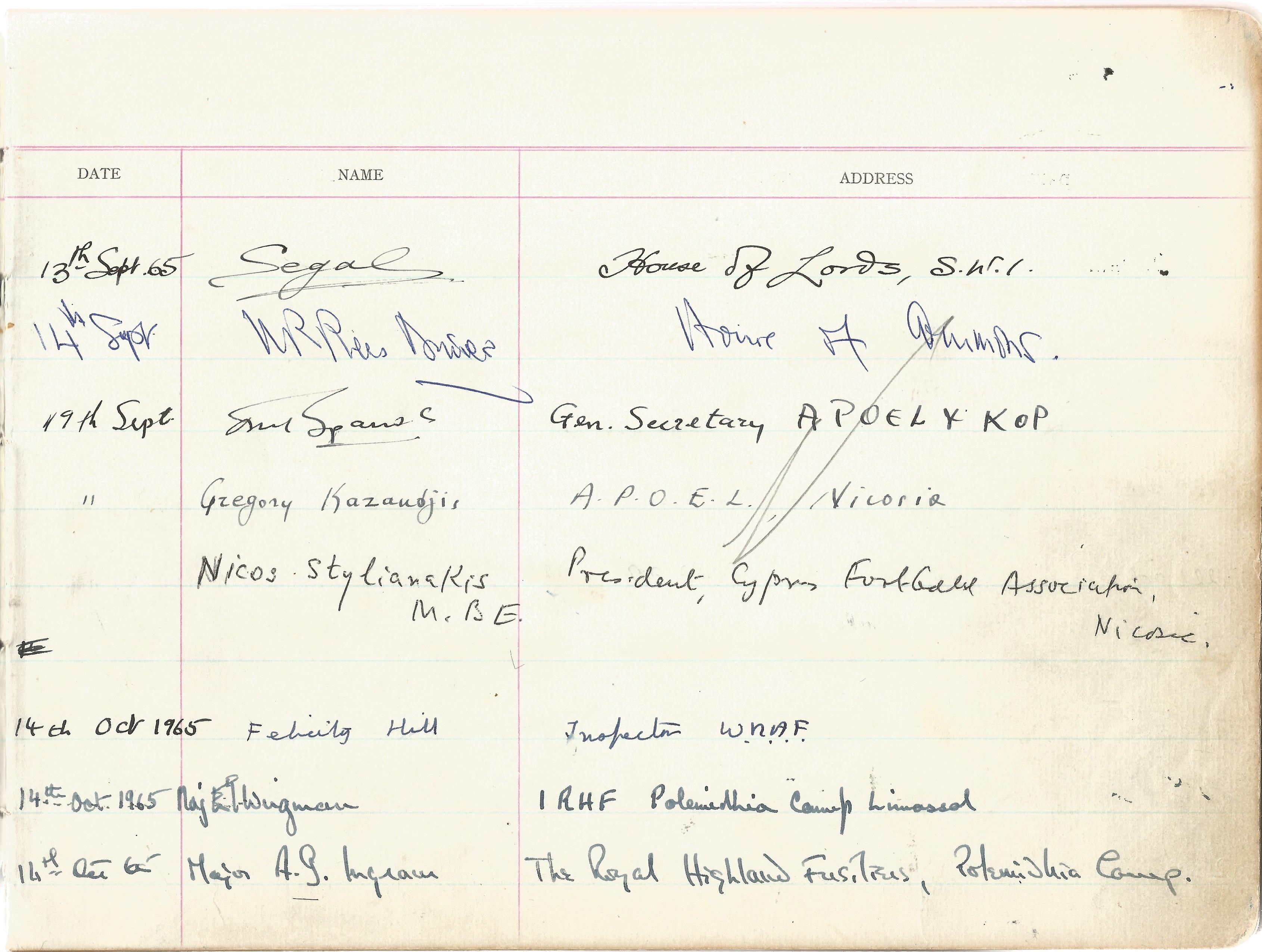 Visitors Book Collection Officers Mess RAF EPISKOPI BFPO53 dated August 1965 th July 1975 includes